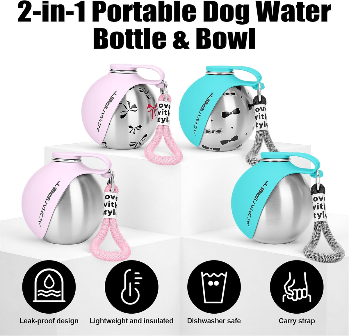 Lightweight Portable Dog Water Bottle - 10oz Stainless Steel Travel Dispenser with No-Spill Bowl for Hiking and Walking