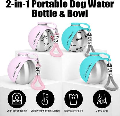 Lightweight Portable Dog Water Bottle - 10oz Stainless Steel Travel Dispenser with No-Spill Bowl for Hiking and Walking