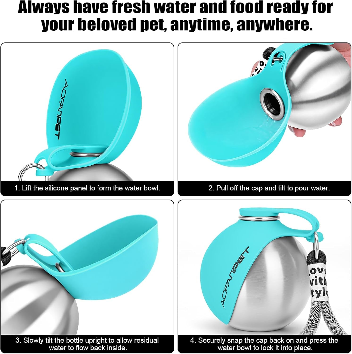 Lightweight Portable Dog Water Bottle - 10oz Stainless Steel Travel Dispenser with No-Spill Bowl for Hiking and Walking