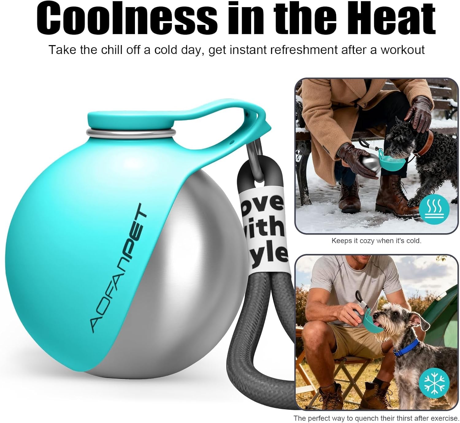 Lightweight Portable Dog Water Bottle - 10oz Stainless Steel Travel Dispenser with No-Spill Bowl for Hiking and Walking